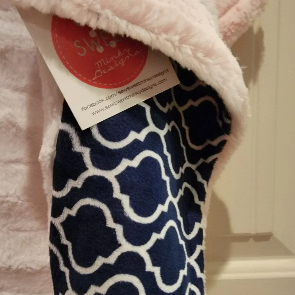 Handmade Minky Elephant Blanket 48x34 Large Plush Pink Navy Soft Throw Baby Gift